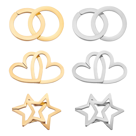 6Sets 6 Styles 201 Stainless Steel Linking Rings, Quick Link Connectors, Laser Cut, Double Ring & Double Star & Double Heart