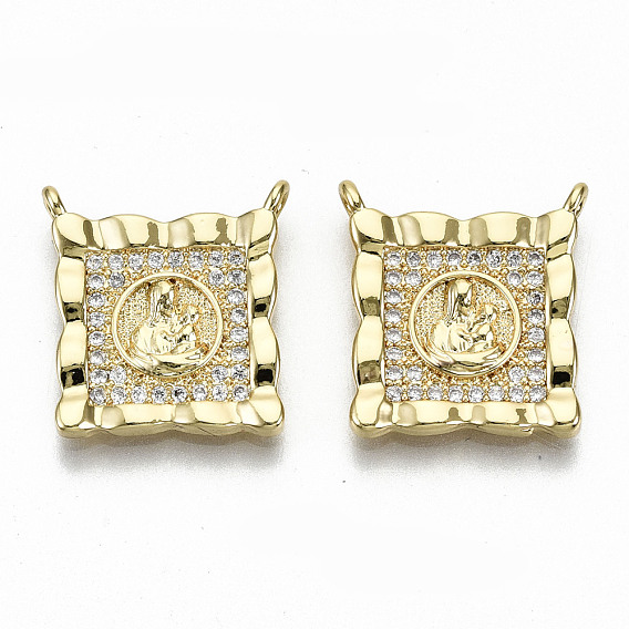 Brass Micro Pave Clear Cubic Zirconia Pendant Link, Nickel Free, Square with Human