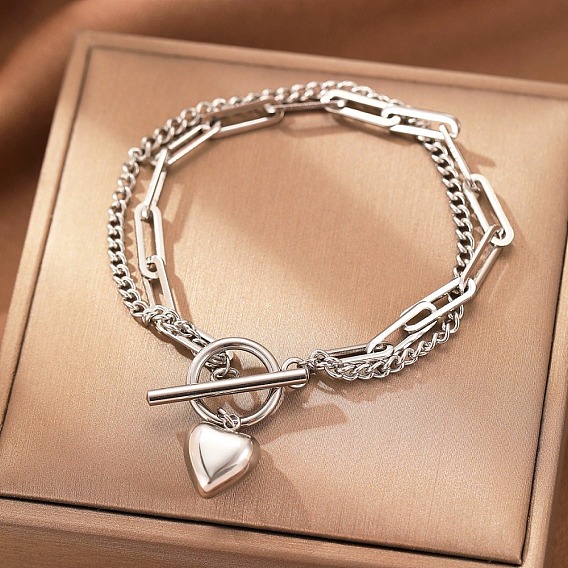304 Многослойные браслеты из нержавеющей стали с панцирными цепочками и скрепками, браслеты с подвесками для женщин, сердце