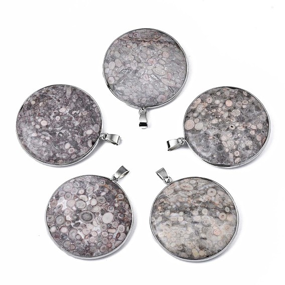 Natural Plum Blossom Jasper Pendants, with Platinum Plated Iron Bails, Flat Round