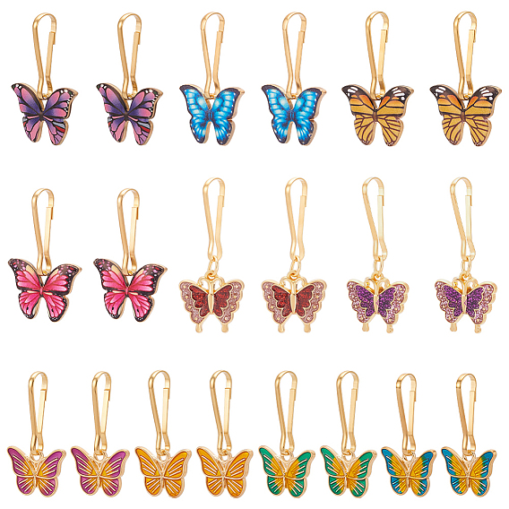 20Pcs 10 Styles Butterfly Alloy Enamel with Glitter Powder Pendant Decorations, with Iron Keychain Clasps, Golden