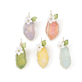 Electroplated Natural Quartz Crystal Wire Wrapped Pendants, Nuggets Charms with Acrylic Flower and Imitation Pearl Beads, Silver Color Plated