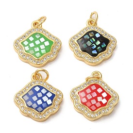 Rack Plating Brass Cubic Zirconia Pendants, with Enamel & Shell, Long-Lasting Plated, Lead Free & Cadmium Free, Real 18K Gold Plated, with Jump Rings, Shell Shapes with Tartan