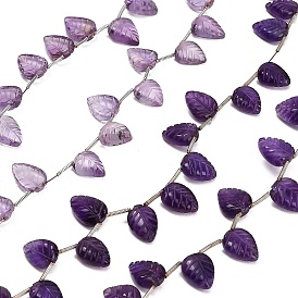 Rangs de perles sculptées en améthyste naturelle, feuille, top foré, avec panicule