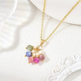 Collares de cadena de latón con colgante de borla de dados de turmalina multicolor natural y perla natural para mujer., colorido