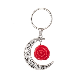 Flower Resin & Alloy Moon Keychain, with Iron Findings, Antique Silver & Platinum, Crimson