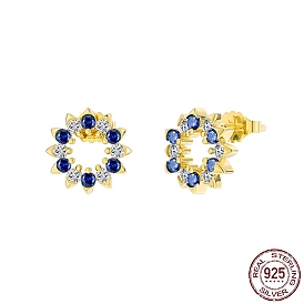 Flower 925 Sterling Silver Stud Earrings, with Midnight Blue Cubic Zirconia, with S925 Stamp