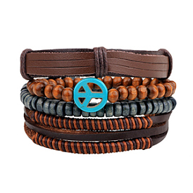 Multi-strand Bracelets, Stackable Bracelets, with Imitation Leather, Waxed Cotton Cord, Wooden Bead and Hemp Rope, Peace Sign