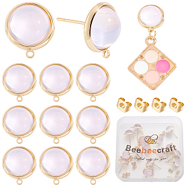 20 Boucles d'oreilles puces plates rondes en laiton et verre (pièces), avec boucle, avec écrous à oreilles en laiton