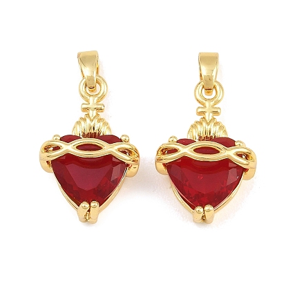 Pendentifs en laiton pavés de zirconiums cubiques rouges, breloques sacré coeur