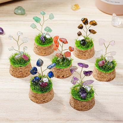 Natural Gemstone Display Decorations, Miniature Plants, with Glass Cloche Bell Jar Terrarium and Cork Base, Tree