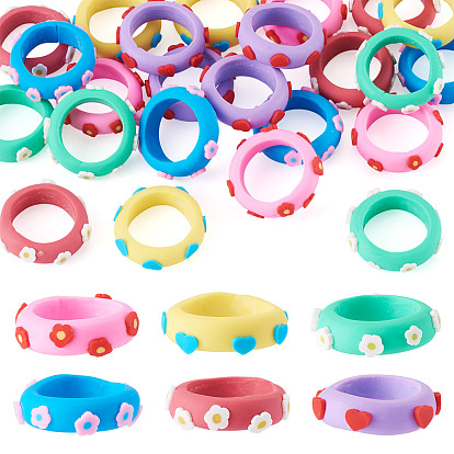 24Pcs 6 Colors Handmade Polymer Clay Finger Rings, Flower/Heart