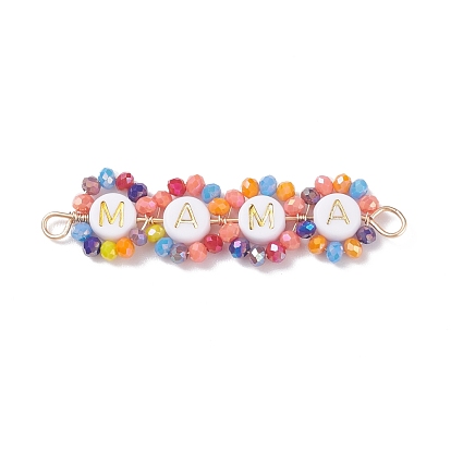 Electroplate Glass Copper Wire Wrapped Connector Charms, with Acrylic Beads, Real 18K Gold Plated, Flower with Word Mama