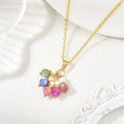 Collares de cadena de latón con colgante de borla de dados de turmalina multicolor natural y perla natural para mujer., colorido