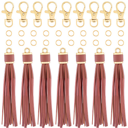 12шт. подвески-кисточки из искусственной кожи, со сплавочной фурнитурой, в комплекте 24латунных соединительных колец и 12застежек-карабинов