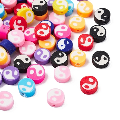 100 perles d'argile polymère faites à la main, plat et circulaire avec yin yang