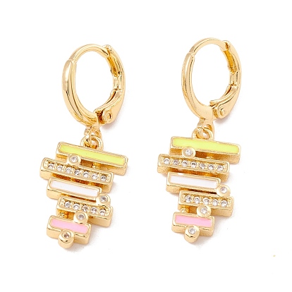 Enamel Bar Shape Dangle Leverback Earrings with Clear Cubic Zirconia, Real 18K Gold Plated Brass Drop Earrings, Lead Free & Cadmium Free