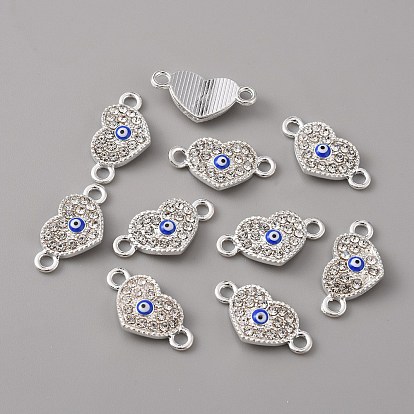 Alloy Enamel Evil Eye Connector Charms, with Crystal Rhinestones, Silver, Heart