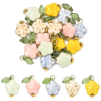 20Pcs 5 Style Handmade Porcelain & Acrylic Pendants, Flower Charms, with 304 Stainless Steel Findings