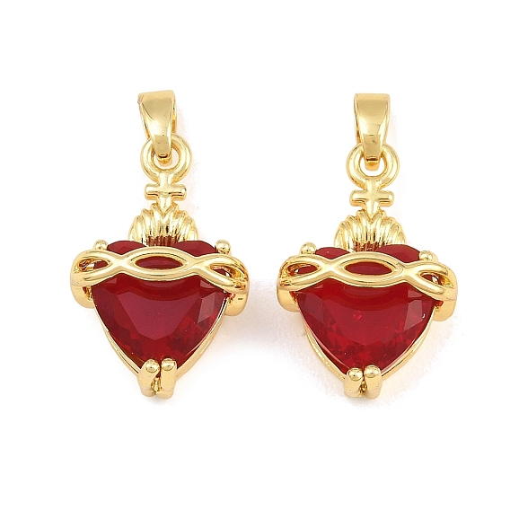 Brass Pave Red Cubic Zirconia Pendants, Sacred Heart Charms