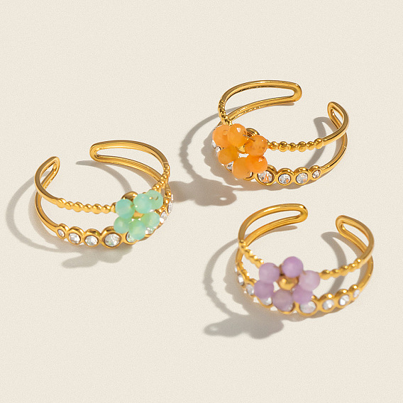 304 Stainless Steel Rhinestone Cuff Open Rings for Women, Flower, with Glass, Real 18K Gold Plated