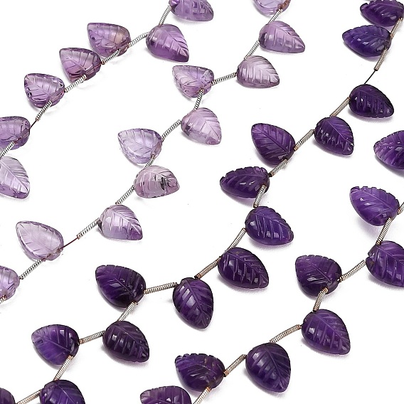 Natural Amethyst Carved Beads Strands, Leaf, Top Drilled, with Tassel