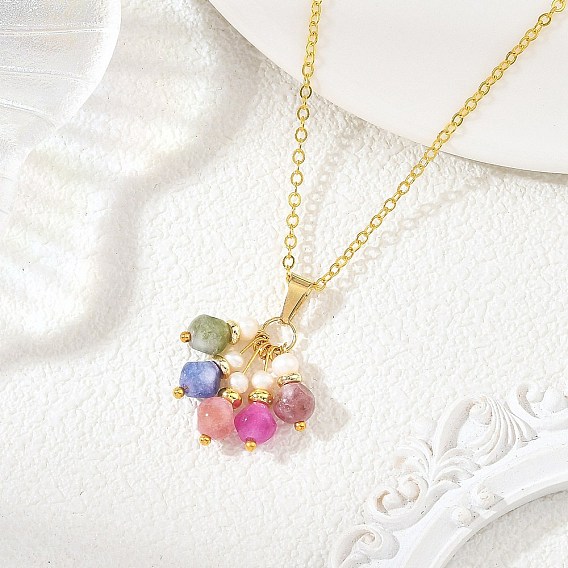 Natural Multicolor Tourmaline Dice Tassel Pendant Brass Cable Chain Necklaces with Natural Pearl for Women, Colorful