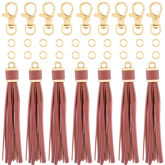 12шт. подвески-кисточки из искусственной кожи, со сплавочной фурнитурой, в комплекте 24латунных соединительных колец и 12застежек-карабинов