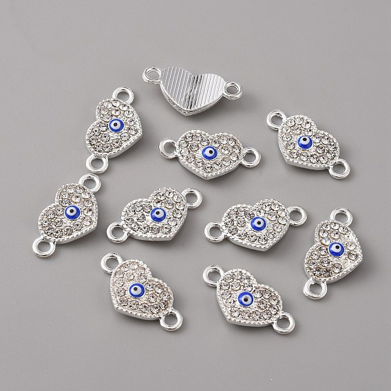 Alloy Enamel Evil Eye Connector Charms, with Crystal Rhinestones, Silver, Heart