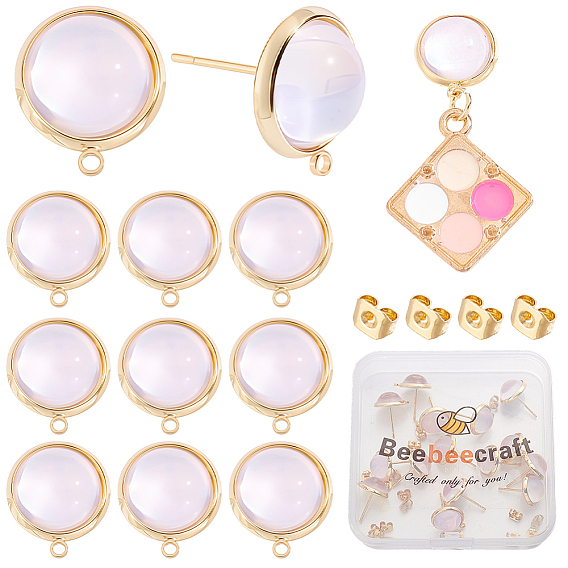 20Pcs Flat Round Brass & Glass Stud Earrings, with Loop, with 20Pcs Brass Ear Nuts