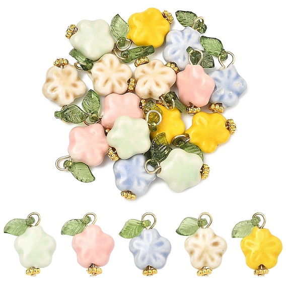 20Pcs 5 Style Handmade Porcelain & Acrylic Pendants, Flower Charms, with 304 Stainless Steel Findings
