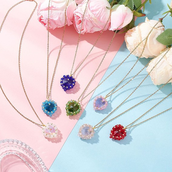 7 шт. 7 подвеска в форме сердца из цветного стекла и стеклянных бусин 304 ожерелья из нержавеющей стали с цепочкой для женщин, золотые