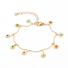 Brass Enamel Charm Anklets, with Bar Link Chains and 304 Stainless Steel Lobster Claw Clasps, Flower, Golden