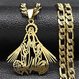 304 Stainless Steel Hollow Virgin Mary Pendant Figaro Chain Necklaces