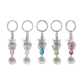 Glass Angel & Alloy Tree of Life Pendant Keychains, with Iron Split Key Rings