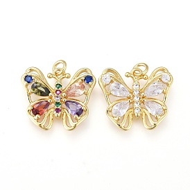 Brass Micro Pave Cubic Zirconia Pendants, Real 18K Gold Plated, Long-Lasting Plated, Butterfly