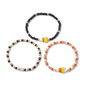3Pcs 3 Styles Halloween Skull & Candy Corn Acrylic and Synthetic Magnesite Bracelet Sets, Stackable Glass Seed Beaded Stretch Bracelets for Women