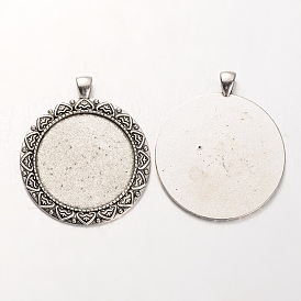 Tibetan Style Alloy Flat Round Pendant Cabochon Settings, Cadmium Free & Lead Free, 55x46x2mm, Hole: 5x7mm, Tray: 35mm, about 72pcs/kg