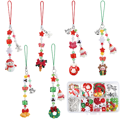 Набор для самостоятельного изготовления рождественского ремешка для мобильного телефона, включают подвески из смолы, Подвески из сплава , Стеклянные бусины, Акриловые бусины, Ремешок для мобильного телефона, глазная булавка