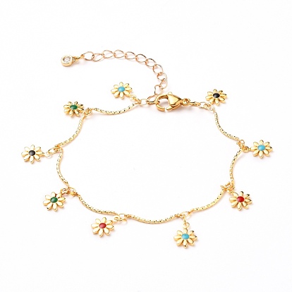 Brass Enamel Charm Anklets, with Bar Link Chains and 304 Stainless Steel Lobster Claw Clasps, Flower, Golden