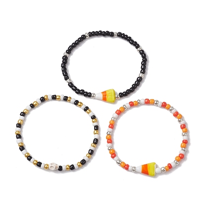 3 шт. 3 стили Хэллоуин череп и конфеты кукуруза наборы браслетов из акрила и синтетического магнезита, штабелируемые эластичные браслеты из стеклянного бисера для женщин