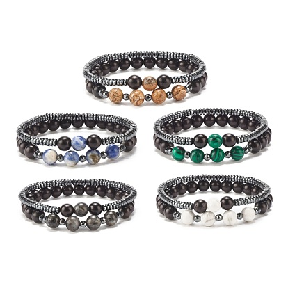 2Pcs 2 Style Natural Wood & Stone & Synthetic Hematite Beaded Stretch Bracelets Set, Gemstone Jewelry for Women