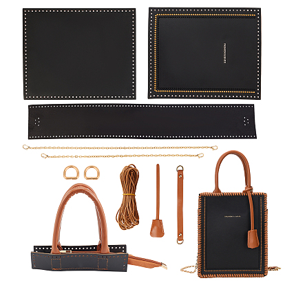 Сумки для вязания крючком из прямоугольной искусственной кожи своими руками, с дном и крышкой сумки из искусственной кожи, плечевой ремень-цепочка и восковые шнуры