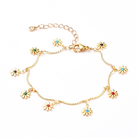 Brass Enamel Charm Anklets, with Bar Link Chains and 304 Stainless Steel Lobster Claw Clasps, Flower, Golden