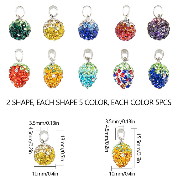 Polymer Clay Rhinestone Pendants, Platinum Tone Iron Pinch Bail, with Plastic Box, Round/Strawberry