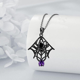 Alloy Rhinestone Halloween Spider Pendant Necklaces, Black