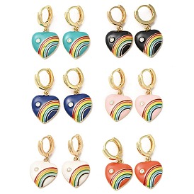 Heart with Rainbow Real 18K Gold Plated Brass Dangle Hoop Earrings, with Cubic Zirconia and Enamel