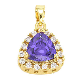 Brass Micro Pave Cubic Zirconia Pendants, Long-Lasting Plated, Real 18K Gold Plated, Triangle