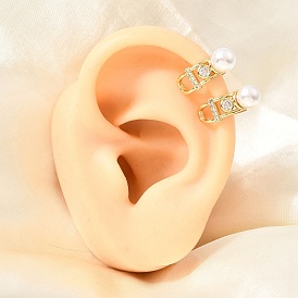 Brass Micro Pave Cubic Zirconia Cuff Earrings, Round, with ABS Plastic Pearl for Women, Rack Plating, Long-Lasting Plated, Cadmium Free & Lead Free, Real 18K Gold Plated