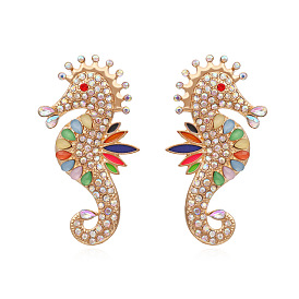 Colorful Seahorse Earrings with Pearls - Retro Fashion Animal Studs